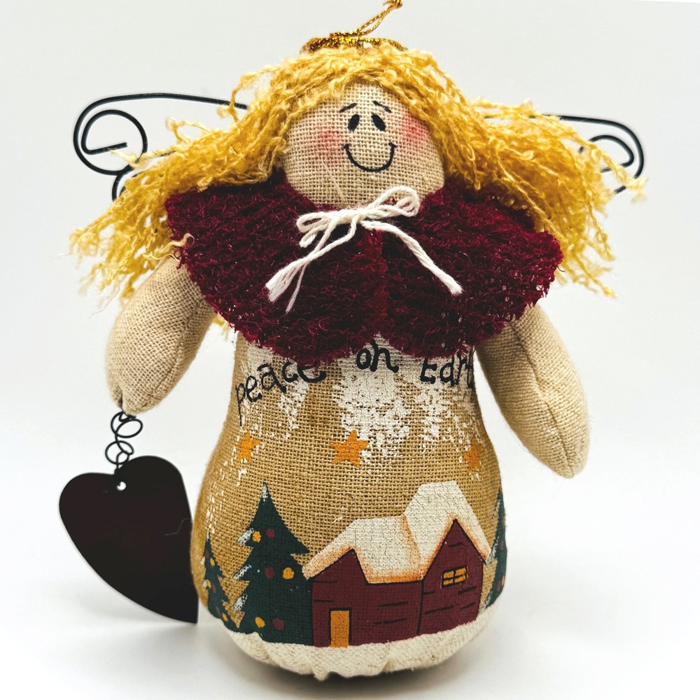 Primitive Peace on Earth Angel Burlap Christmas Ornament Rustic Folk Art Wings